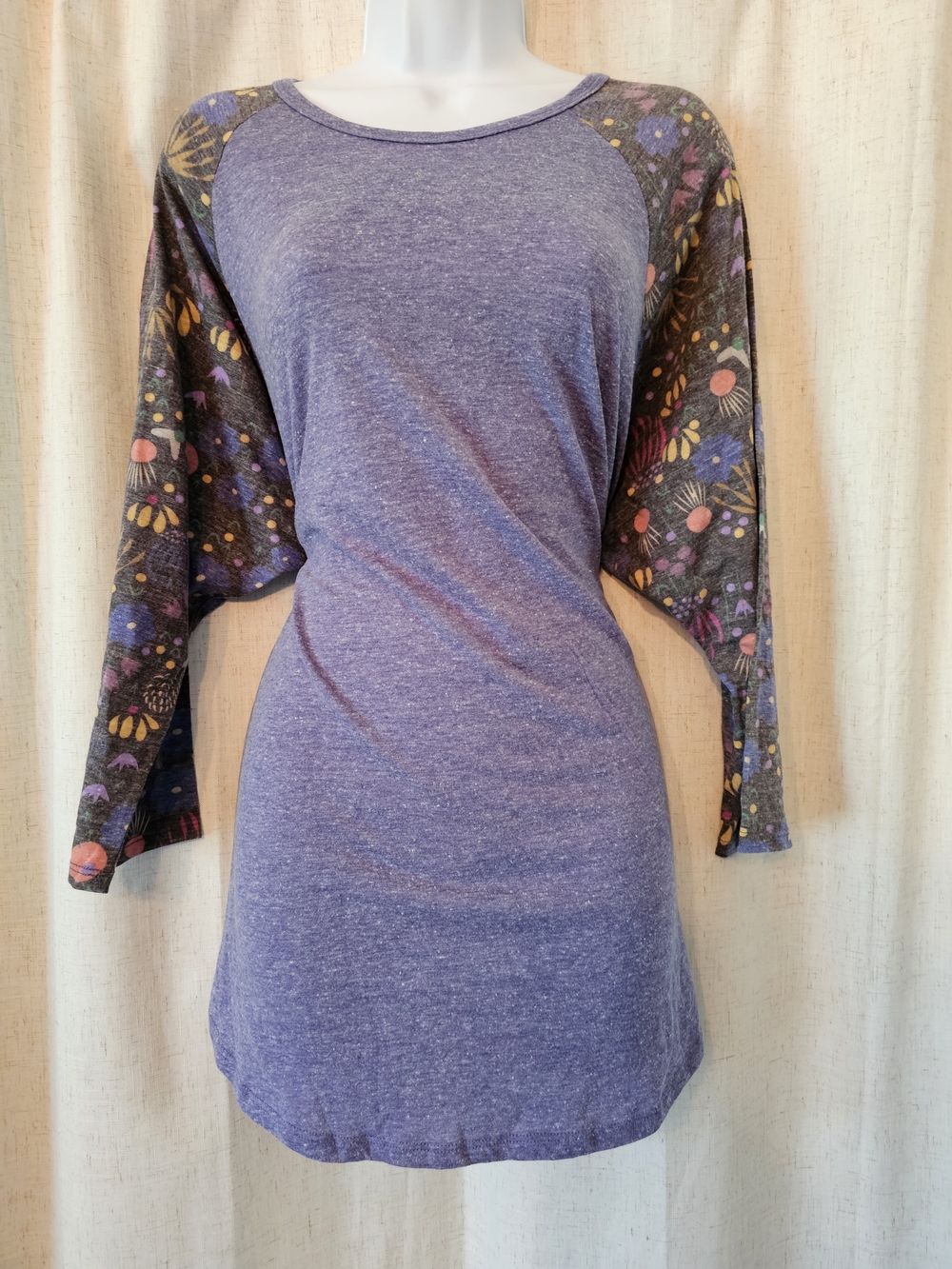 LuLaRoe Heather Purple Tunic with Floral Raglan Sleeves